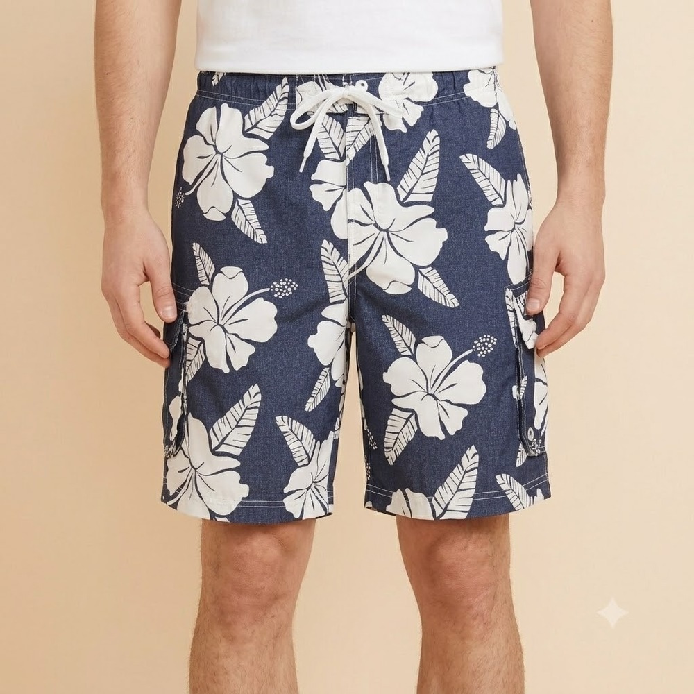 Ocean Pacific OP Swim Trunks Mens M Navy Blue Hibiscus Floral‎ Cargo Mesh Lined